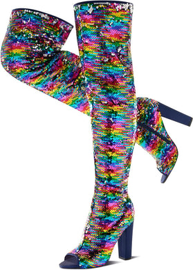 Sparkling Black Colorful Sequin Thigh High Over The Knee Boots