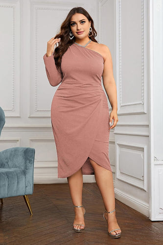 Plus Size Blush Pink Glitter One Sleeve Midi Dress