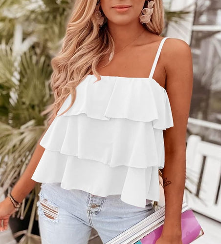 Ruffled White Spaghetti Strap Sleeveless Top