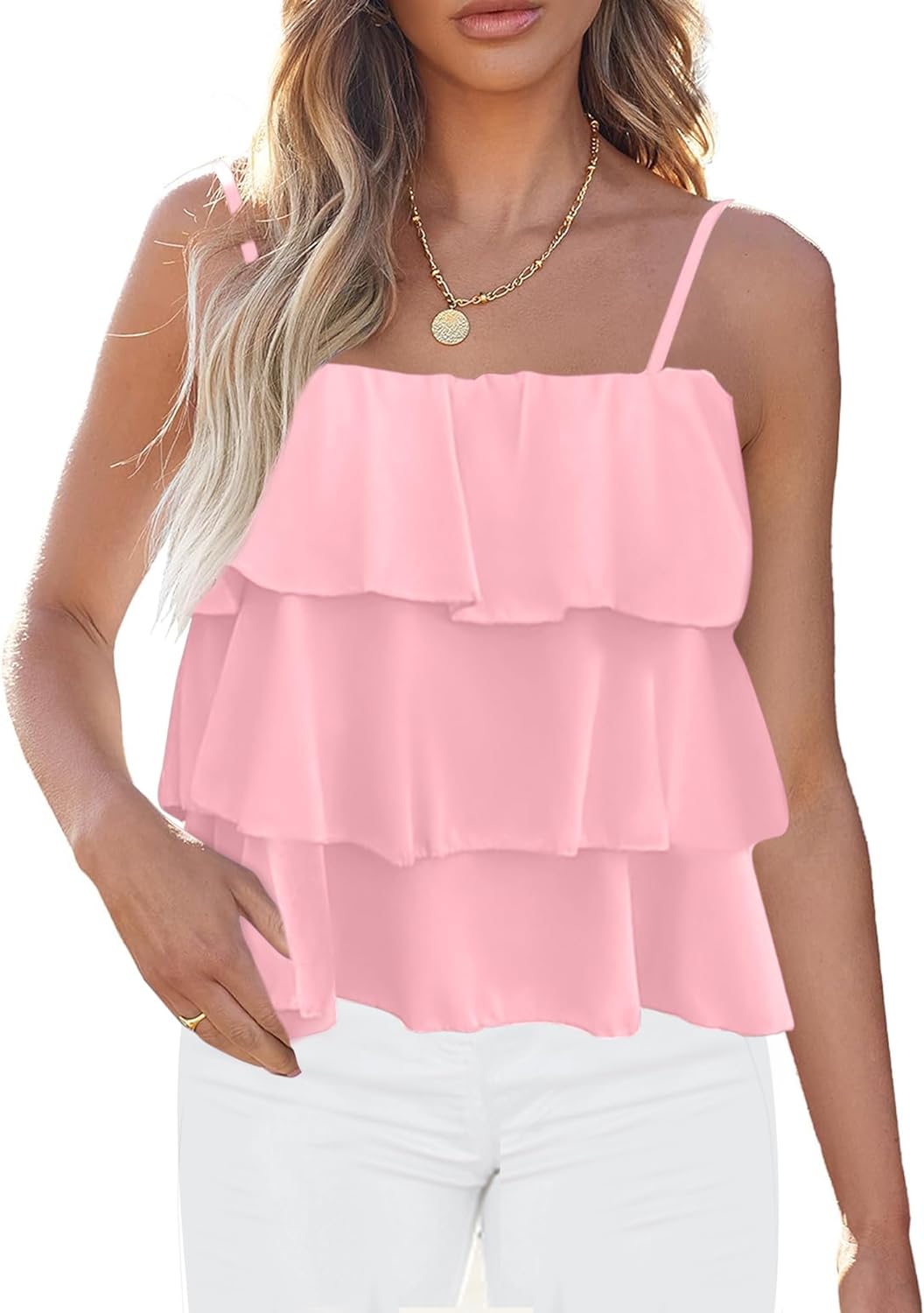 Ruffled Pink Spaghetti Strap Sleeveless Top