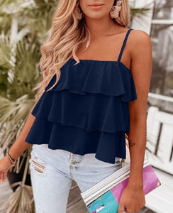 Ruffled White Spaghetti Strap Sleeveless Top