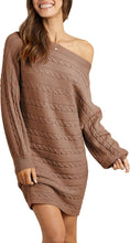 Load image into Gallery viewer, Cable Knit Beige Off Shoulder Long Sleeve Sweater Dress