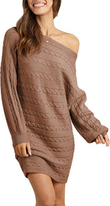 Cable Knit Beige Off Shoulder Long Sleeve Sweater Dress