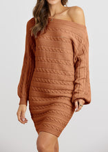 Load image into Gallery viewer, Cable Knit Burgundy Red Off Shoulder Long Sleeve Sweater Dress