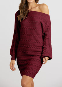 Cable Knit Burgundy Red Off Shoulder Long Sleeve Sweater Dress