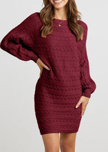 Load image into Gallery viewer, Cable Knit Burgundy Red Off Shoulder Long Sleeve Sweater Dress