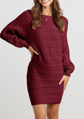 Cable Knit Burgundy Red Off Shoulder Long Sleeve Sweater Dress