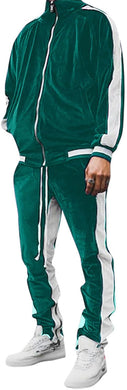 Men's Green/White Velvet Long Sleeve Jacket/Pants Jogging Sweatsuit/Tracksuit