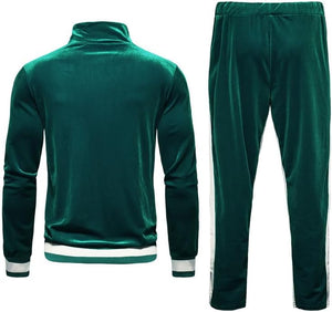 Men's Green/White Velvet Long Sleeve Jacket/Pants Jogging Sweatsuit/Tracksuit