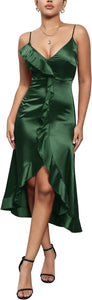 Lovely Emerald Green Satin Ruffled Spaghetti Strap Midi Dress