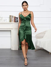 Load image into Gallery viewer, Lovely Emerald Green Satin Ruffled Spaghetti Strap Midi Dress
