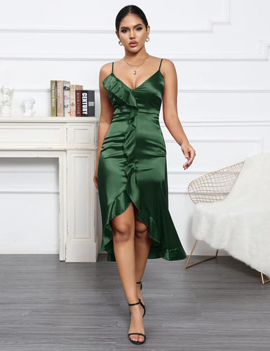 Lovely Emerald Green Satin Ruffled Spaghetti Strap Midi Dress