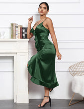 Load image into Gallery viewer, Lovely Emerald Green Satin Ruffled Spaghetti Strap Midi Dress