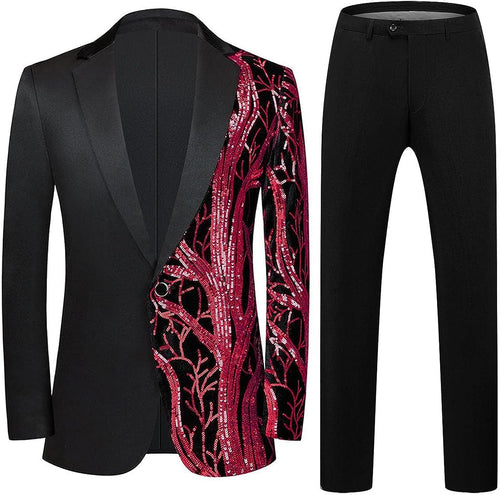 Men's Fashionable Tuxedo Black/Red Sequin Blazer & Pants Suit