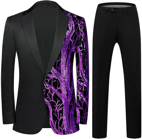 Men's Fashionable Tuxedo Black/Purple Sequin Blazer & Pants Suit