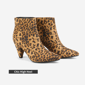 Leopard Colour Winter Chic Pointy Toe Low Heel Ankle Boots