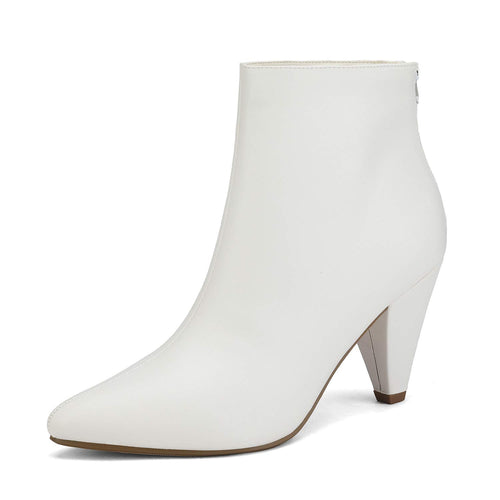 White Faux Leather Winter Chic Pointy Toe Low Heel Ankle Boots