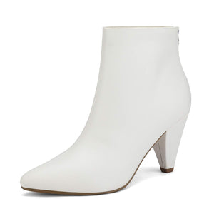 White Faux Leather Winter Chic Pointy Toe Low Heel Ankle Boots