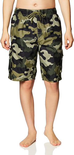 Men's Green Camo Cargo Style Swim Shorts w/Pockets