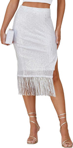 White Tassel Sequined Pencil Skirt