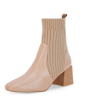 Load image into Gallery viewer, Khaki Leather Knit Chunky Heel Ankle Boots