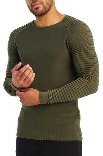 Men's olive Green Rippled Knit Long Sleeve Pullover Sweater