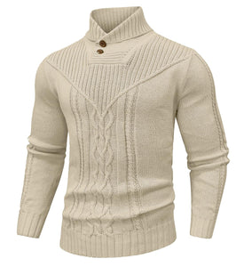 Khaki Men's Shawl Collar Cable Knit Sweater