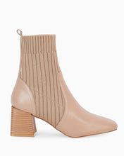 Load image into Gallery viewer, Khaki Leather Knit Chunky Heel Ankle Boots