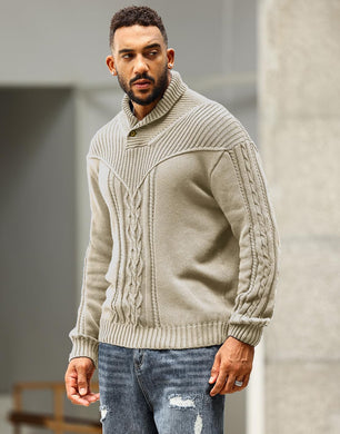 Khaki Men's Shawl Collar Cable Knit Sweater