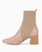 Load image into Gallery viewer, Khaki Leather Knit Chunky Heel Ankle Boots