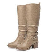Load image into Gallery viewer, Khaki Faux Leather Almond Toe Faux Leather Buckle Knee High Boots