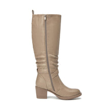 Load image into Gallery viewer, Khaki Faux Leather Almond Toe Faux Leather Buckle Knee High Boots