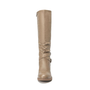 Khaki Faux Leather Almond Toe Faux Leather Buckle Knee High Boots