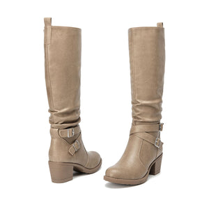 Khaki Faux Leather Almond Toe Faux Leather Buckle Knee High Boots