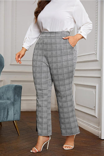 Plus Size High Waist Black/Grey Plaid Elastic Waist Pants