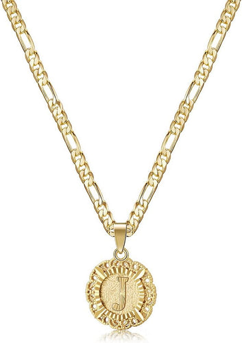 14K Gold Initials Monogram Round Pendant Chain Necklace