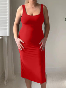 Basic Knit Red Sleeveless Midi Dress