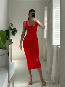 Basic Knit Red Sleeveless Midi Dress