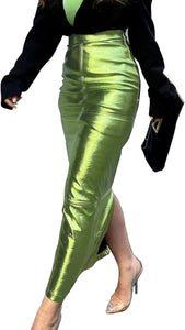 Business Chic Silver High Waist Metallic Maxi Skirt