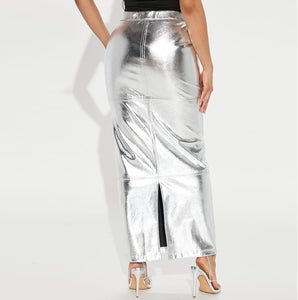 Business Chic Silver High Waist Metallic Maxi Skirt
