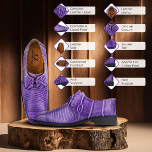 Men's Oxford Purple Crocodile Lizard Print Leather Dress Shoes