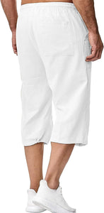 Men's Cotton Linen White Drawstring Capri Shorts