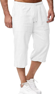 Men's Cotton Linen Green Drawstring Capri Shorts