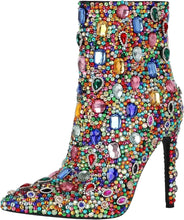 Load image into Gallery viewer, Rainbow Rhinestone Embellished Stiletto Heel Ankle Boots