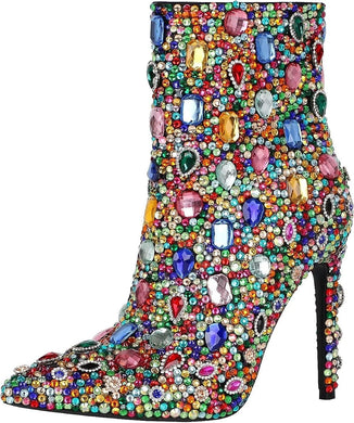 Rainbow Rhinestone Embellished Stiletto Heel Ankle Boots