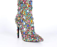 Load image into Gallery viewer, Rainbow Rhinestone Embellished Stiletto Heel Ankle Boots