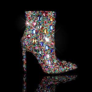 Rainbow Rhinestone Embellished Stiletto Heel Ankle Boots