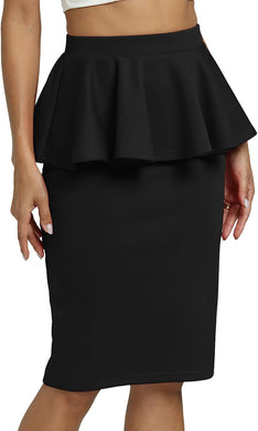 Sophisticated Black Ruffled Peplum Pencil Skirt