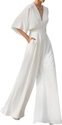 Kimono Sleeve White Deep V Wide Leg Jumpsuit