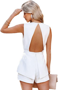 Layered White Deep V Cut Out Shorts Romper